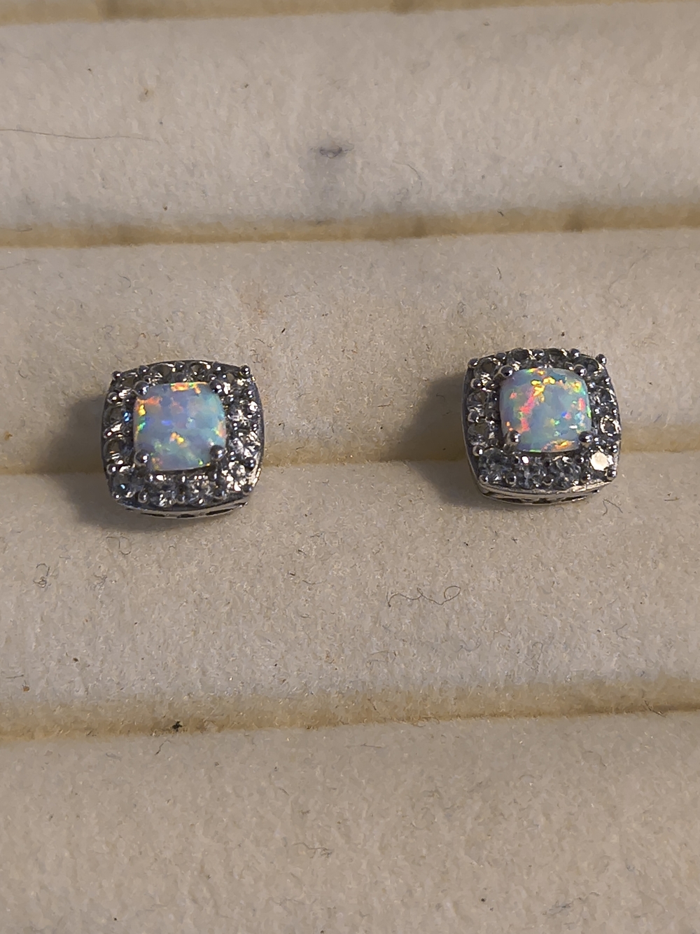 Gorgeous Opal & White Sapphire Halo Stud Earrings - White Opal Signed Top Post